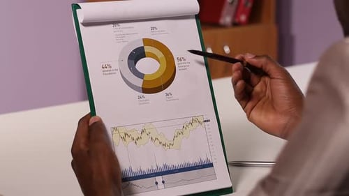 Business Professional Analyzing Financial Data on Clipboard