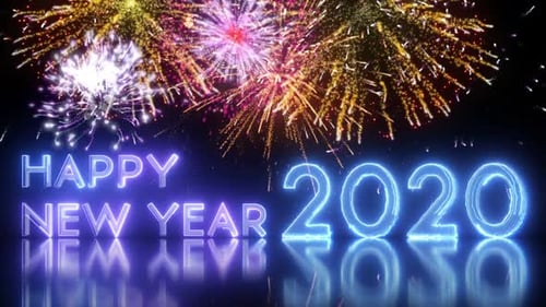 Happy New Year 2020 Neon Glow Text with Sparkling Fireworks
