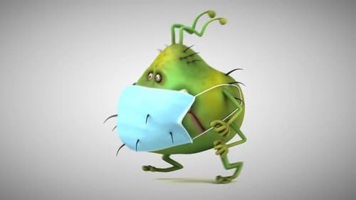 Animated Cartoon Germ Character Running with Face Mask