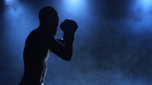 Boxer demonstriert seine Fähigkeiten im Sport. Silhouette.
Studio