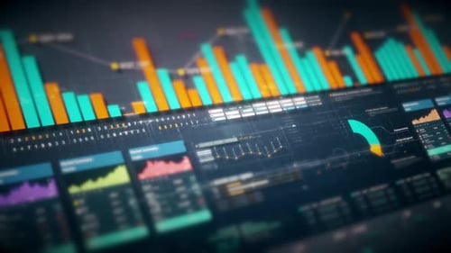 Futuristic Digital Dashboard Display with Financial Market Data Analysis