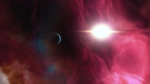 Flying Through Space with Bright Star and Planet in Red Nebula