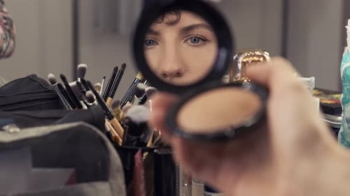 Close-Up of Makeup Application with Mirror Reflection