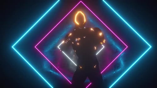 Tanzender Alien-Roboter auf einem Metal-Neon-Hintergrund