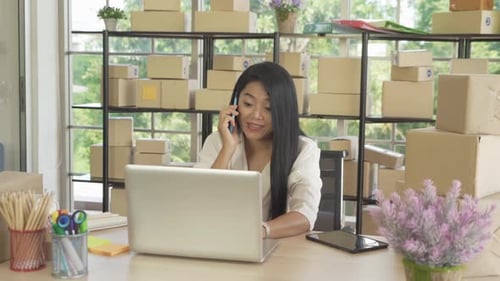 Smiling Woman Working at Desk, Talking on Phone