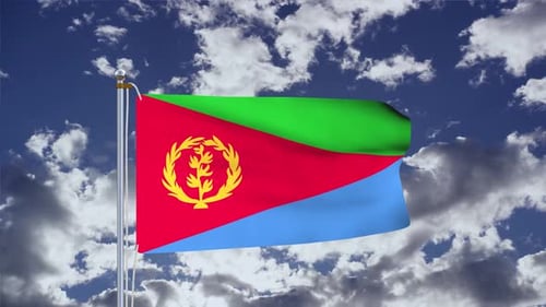 Eritrea Flag Waving in Blue Sky with Clouds