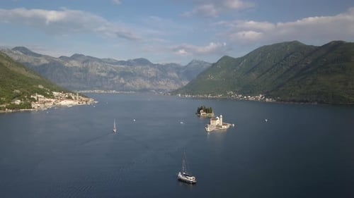 Aerial view of Church in Perast , St.George Island on shore of Boka Kotor bay in Montenegro