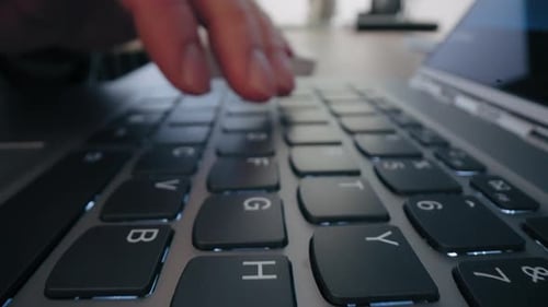Macro Shot Businessman Hand Work on Capable Laptop Computer at Office Table Close Up Shot and