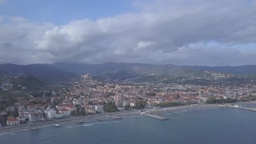 Diano Marina in Liguria aerial view. Mediterranean sea coast summer blue sky, travel tourism destina