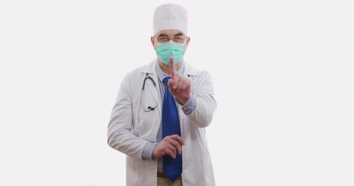 Medical Worker or Doctor Showing Stop Sign on Hospital. Isolated on White.