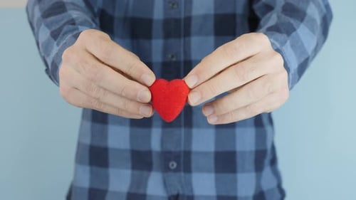 Person Holding Red Heart on Blue Background