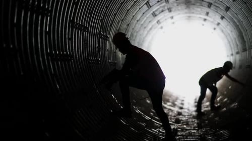 Construction Workers Working in Dark Tunnel Structure
