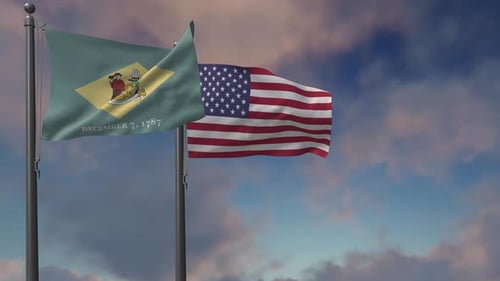 Bandera del estado de Delaware ondeando junto con la bandera nacional de los EE. UU. - 4K