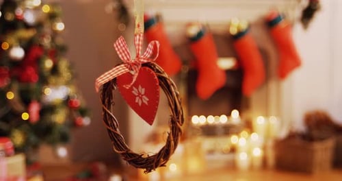 Christmas Wreath and Fireplace Decorations in Home