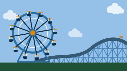 Flat Design Amusement Park Scene with Ferris Wheel and Roller Coaster