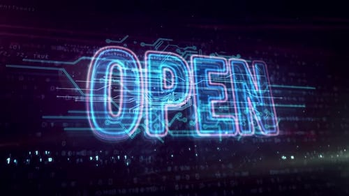 Neon Glowing 'OPEN' Text with Digital Circuit Board Animation