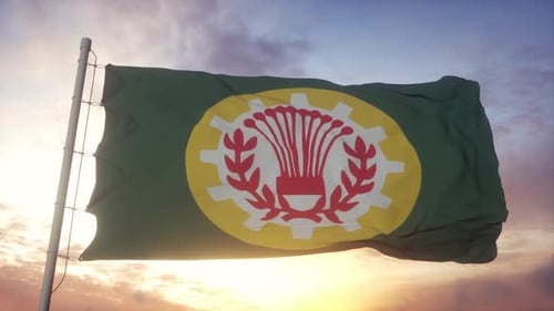 Realistic Corporate Flag Waving in Golden Sunset Sky