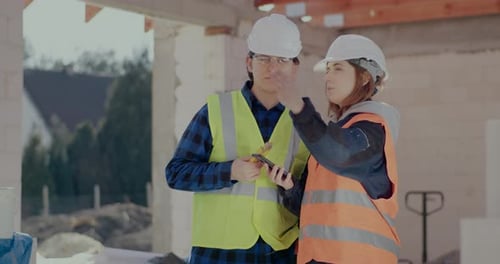 Compañeros de trabajo discutiendo por teléfono inteligente en la construcción