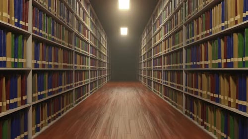 Moving Between University Library Shelves with Lot of Books on Each Shelf