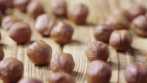 Sliding Shot of Dried Hazelnuts Lying on a Textured Wooden Table Surface