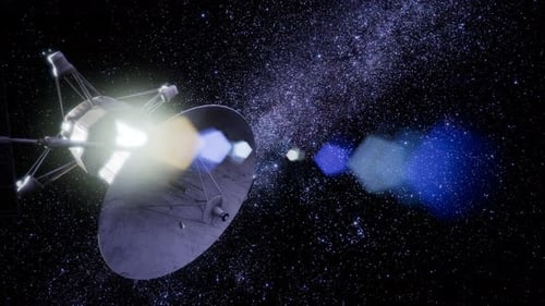 3D Space Probe Flying with Lens Flare in Galaxy