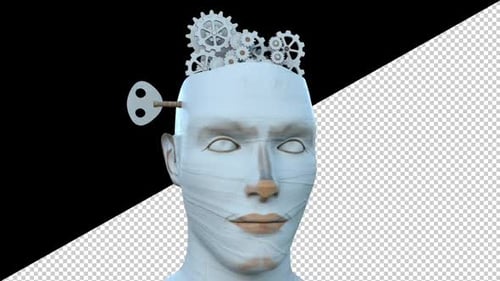 Animated Conceptual Head with Turning Gears and Winding Key