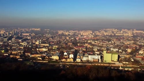 Aerial view of a drone flying over the city.