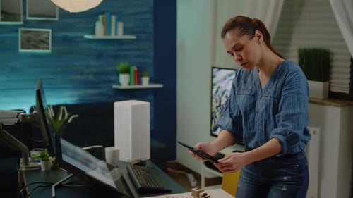 Arquitecto Mujer Sosteniendo Tableta Análisis Plano