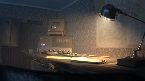 Retro room with vintage radio station standing on the desk under obsolete lamp.