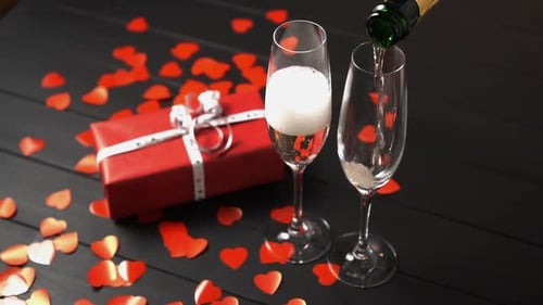 Champagne Pour With Red Gift and Heart Confetti
