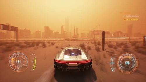 4K fake shooter and racing gameplay. Getting to the city at sandstorm with HUD