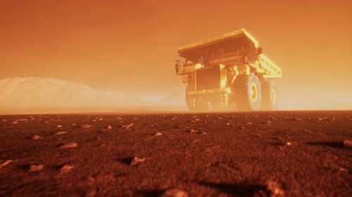 Industrial Mining Truck Driving Through Dusty Landscape