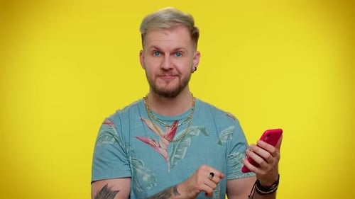 Tourist Man Using Mobile Phone Typing Post on Web Sms Message Browsing Addiction of Social Networks