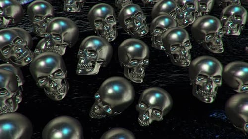 Surreal Metallic Skulls Floating on Dark Liquid Loop