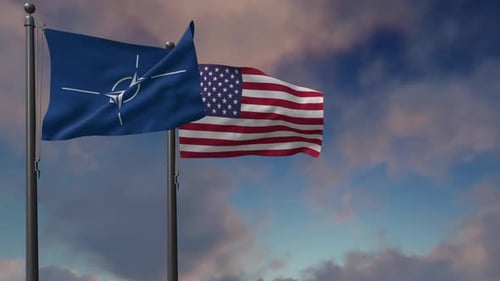 Nato Flag Waving Along With The National Flag Of The USA - 2K
