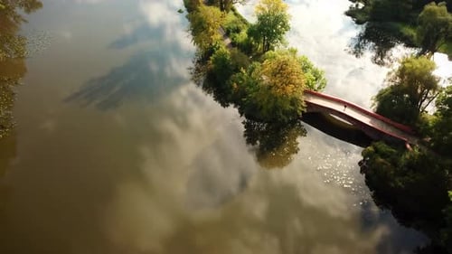 Public park romantic small walking bridge over pond located at green quiet scenery trees hanging ove