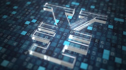 Animated Glass Yen Yuan Symbol on Digital Data Background