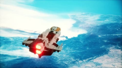 Futuristic Spaceship Flying Above Planet Earth in Sci-Fi Scene