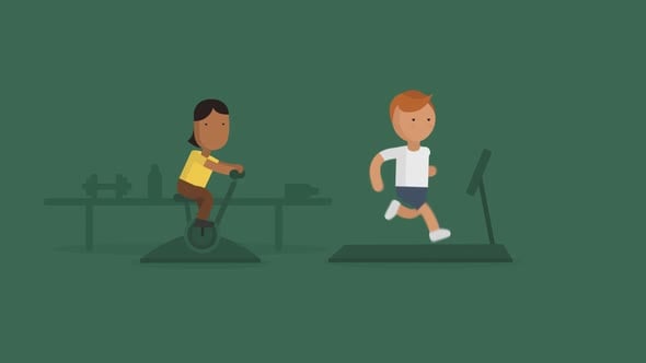 Cartoon animation of happy young people spending time on gym practicing ...