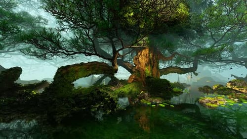 Misty Swamp Forest with Ancient Trees and Floating Lily Pads