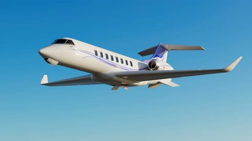 Business Jet Flying with Landing Gear Animation in Blue Sky
