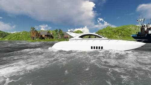 Luxury Yacht Navigating Choppy Waters with Scenic Coastal Background