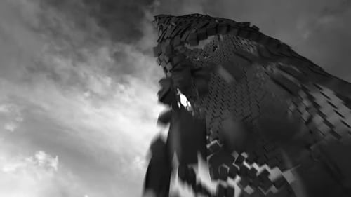 Reversed animation of two old round medieval fortified towers collapsing.