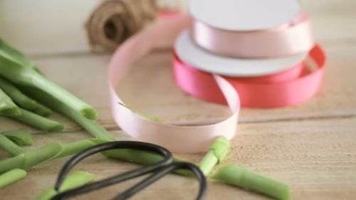 Close Up of Flower Arranging Remains on Table