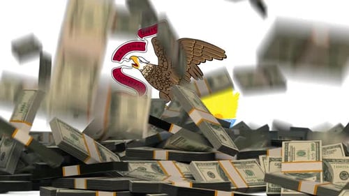 US Dollars Falling in front of Illinois State Flag