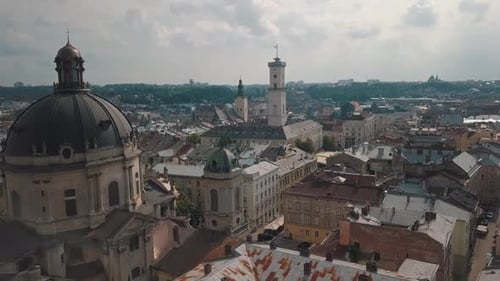 Aerial Drone Video of European City Lviv, Ukraine. Rynok Square, Central Town Hall, Dominican Church