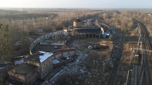 View form above of old and abandoned locomotive depot. Polish railways. Pyskowice, Poland.