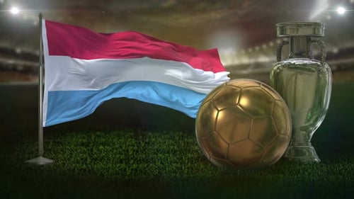 Luxembourg Flag Waving with Soccer Ball and Trophy in Stadium
