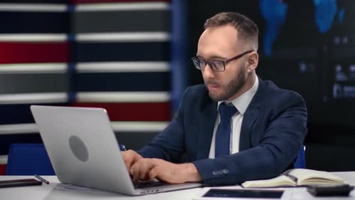Focused Successful Man in Suit Working Use Laptop at Modern Hi Tech Office Chatting Surfing Internet