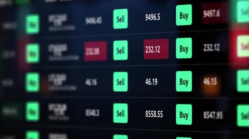 Börsennummern. Börsentickerboard mit Preisen. Veränderung und Lautstärke. Finanzielle Indizes